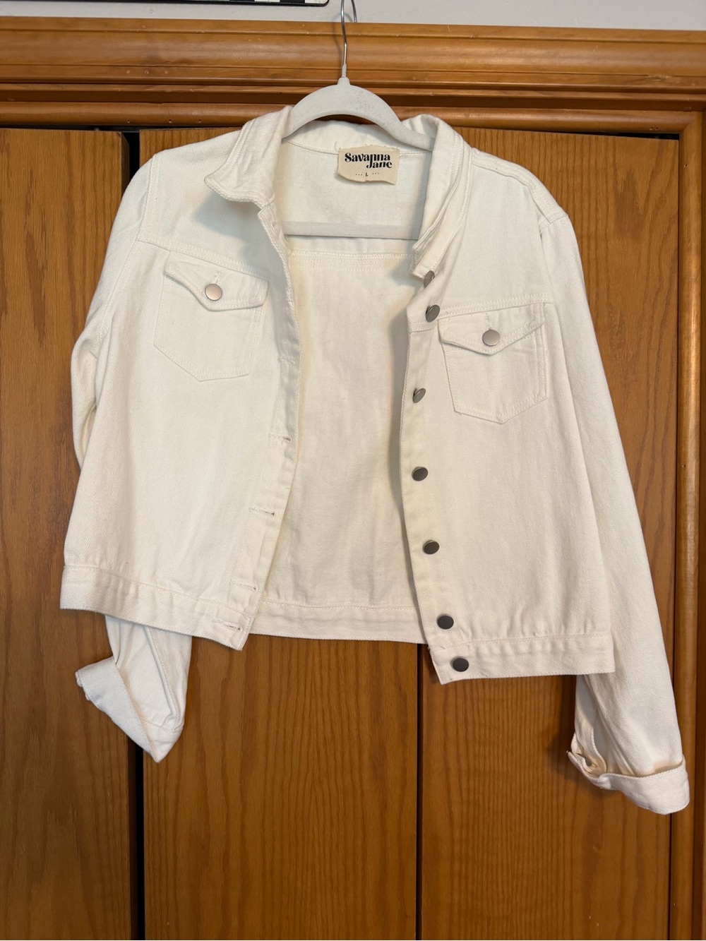 Savanna Jane Off-White Fringe Denim Jacket with Snap Buttons